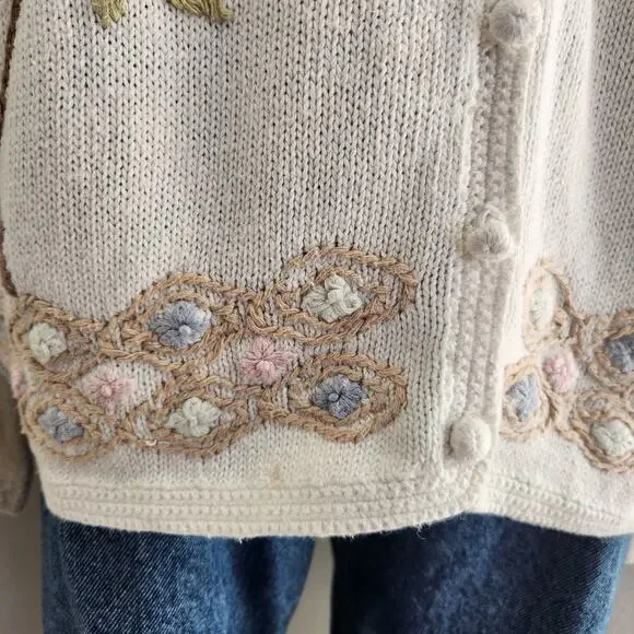Vintage Bottega Verde Floral Embroidered Knit Cardigan Natural Fiber L - Picture 5 of 15